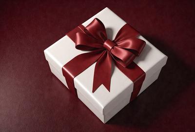 The primary subject of the image is a white and red bowed ribbon, which is tied around a white box. The setting is a dark background, which contrasts with the bright colors of the ribbon and the box. The visual style is a close-up of the ribbon and the box, showcasing the details of the bow and the box's texture. The colors and mood of the image are vibrant and festive, with the red and white ribbon symbolizing a celebration or gift.